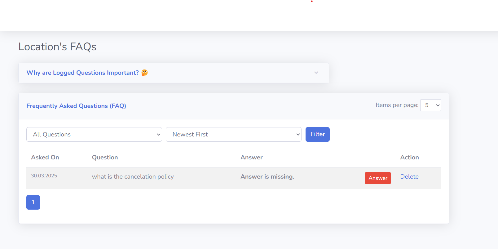 Hotelko's question log dashboard showing unanswered guest questions and automated responses